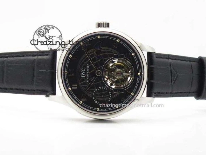 MIROTIME 0419 Portuguese Tourbillon Power Reserve Moonphase SS Black Dial On Black Leather Strap TechFriendly 7321